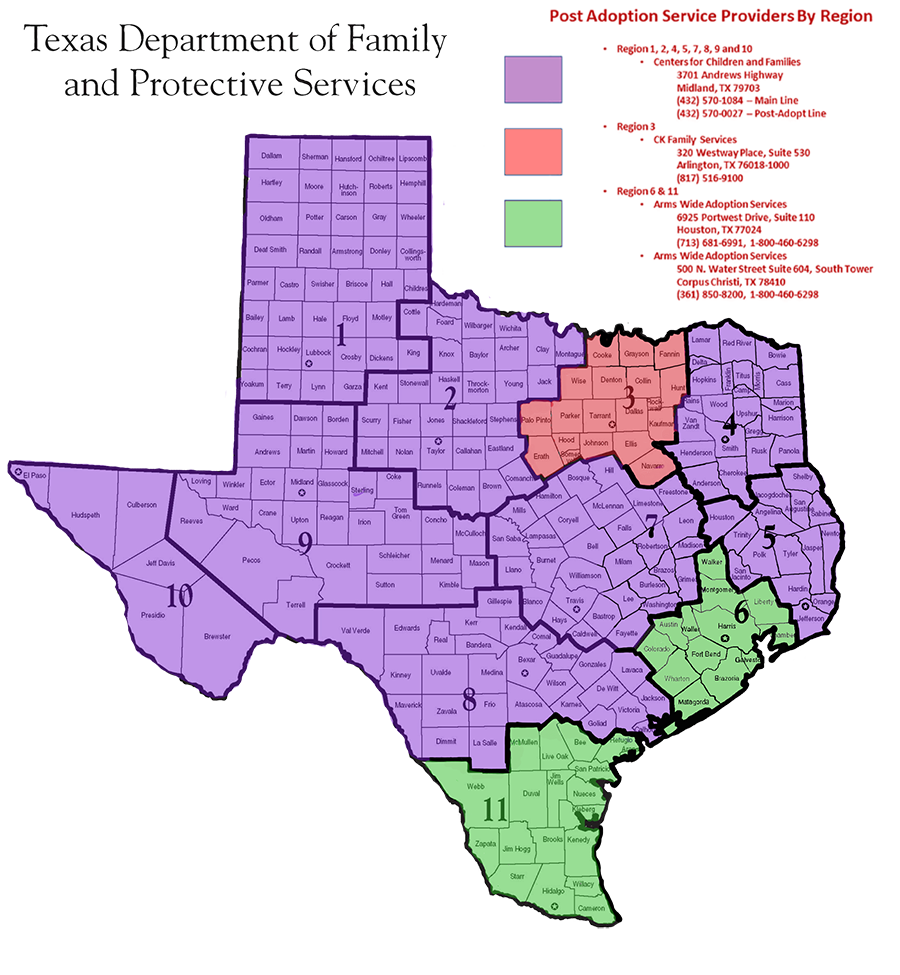 DFPS map of Texas with boundaries of counties and the colors delineate between the regions and the providers for those different regions.